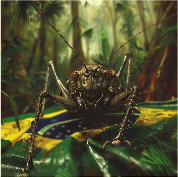 Ilustração de um gafanhoto sobre a bandeira do Brasil na floresta amazônica