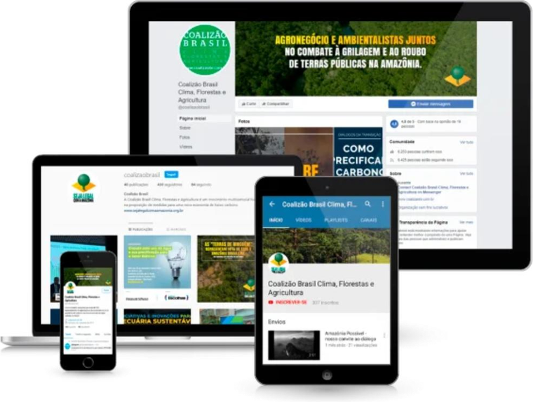 Perfis da campanha no Facebook, Instagram e YouTube em vários dispositivos